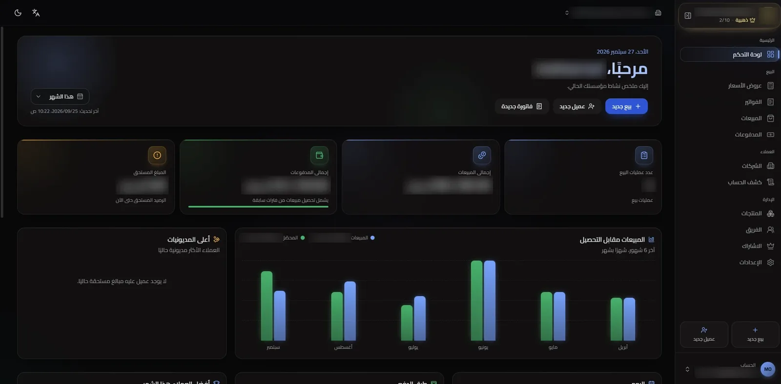 The sales dashboard in Arabic: sales, payments and amount due, and a six-month sales-versus-collection chart, with the company name and figures blurred.